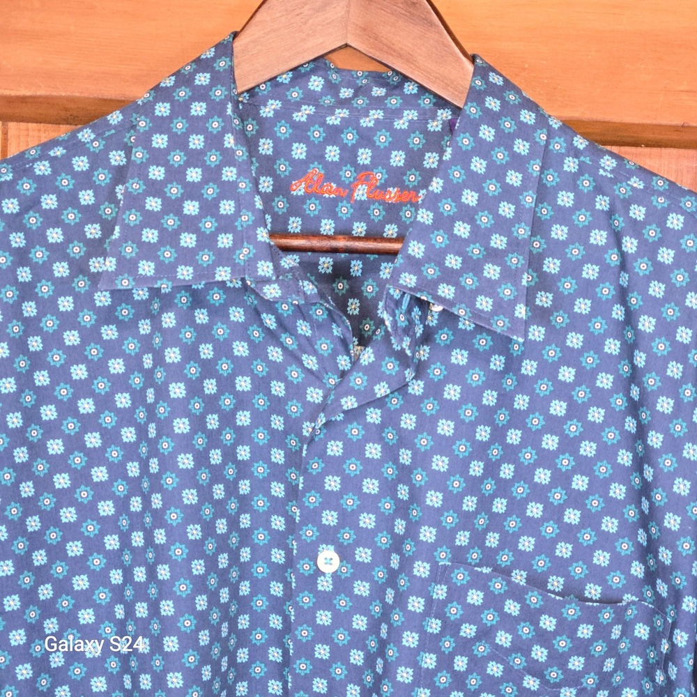 Alan Flusser Mens Blue Floral Print‎ Long Sleeve Button Down Shirt Size XL